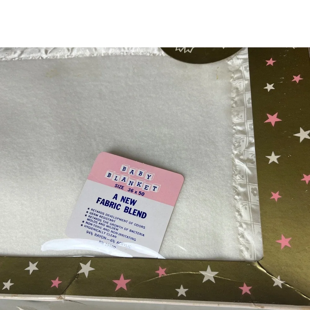 Vintage Quiltex Baby Blanket in Original Box 70s White Plush Satin Trim Nursery
